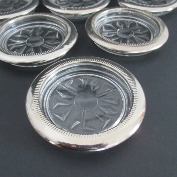 6 Glass Coasters Silver Plate Rims - Picture 5 of 6